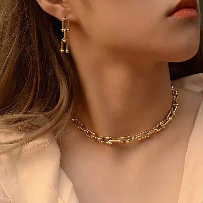 316L Stainless Steel Fashion Stitching U-shape Stitching Thick Chain Necklace Bracelet Earring Set Wedding Jewelry Set