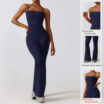 Ctenkevet Women Sleeveless Yoga Jumpsuit Female Gym Flared Overalls Neck-hanging Backless Sportswear Sport Outfit For Woman