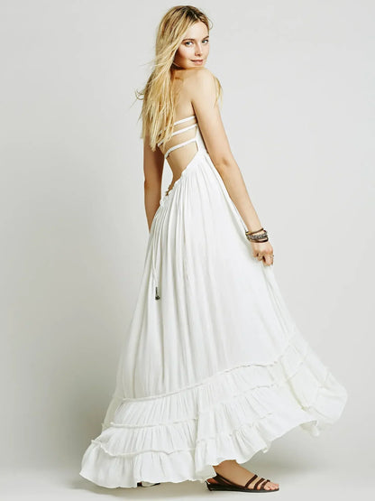 2025 Beach Dress Sexy Dresses Boho Bohemian People Holiday Summer Long Backless Cotton Women Party Hippie Vestidos Mujer Ethnic