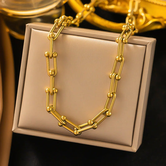 316L Stainless Steel Fashion Stitching U-shape Stitching Thick Chain Necklace Bracelet Earring Set Wedding Jewelry Set