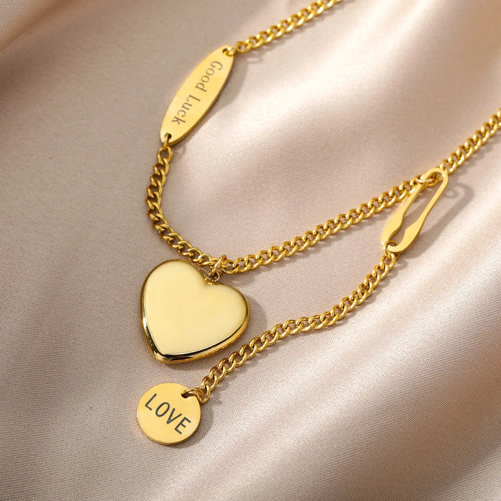316L Stainless Steel Multilayer Heart Necklace For Women Girls Goth Gold Color Clavicle Chain Charm Choker Jewelry Birthday Gift