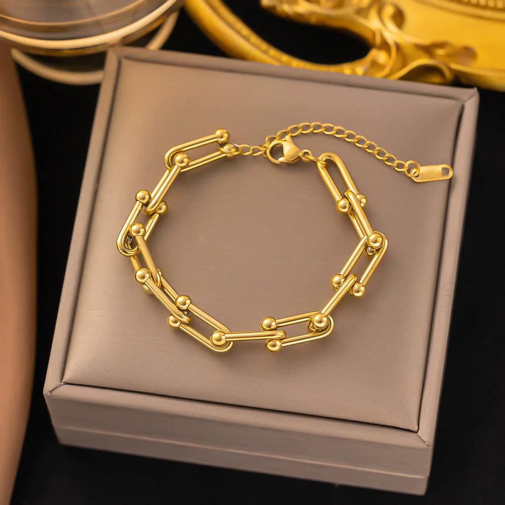 316L Stainless Steel Fashion Stitching U-shape Stitching Thick Chain Necklace Bracelet Earring Set Wedding Jewelry Set